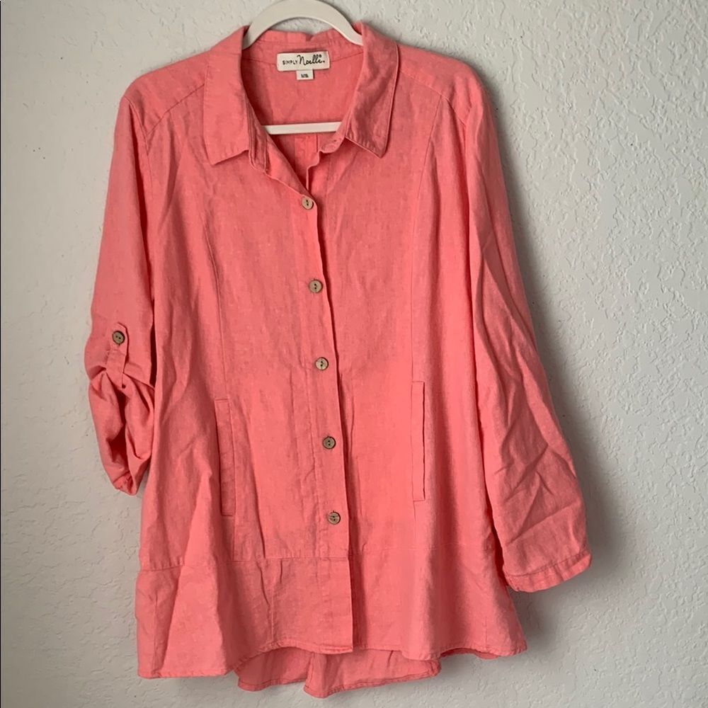 Simple Noelle Women’s Linen Blend Pink Tunic Roll Tab Sleeves Pockets Size L/XL